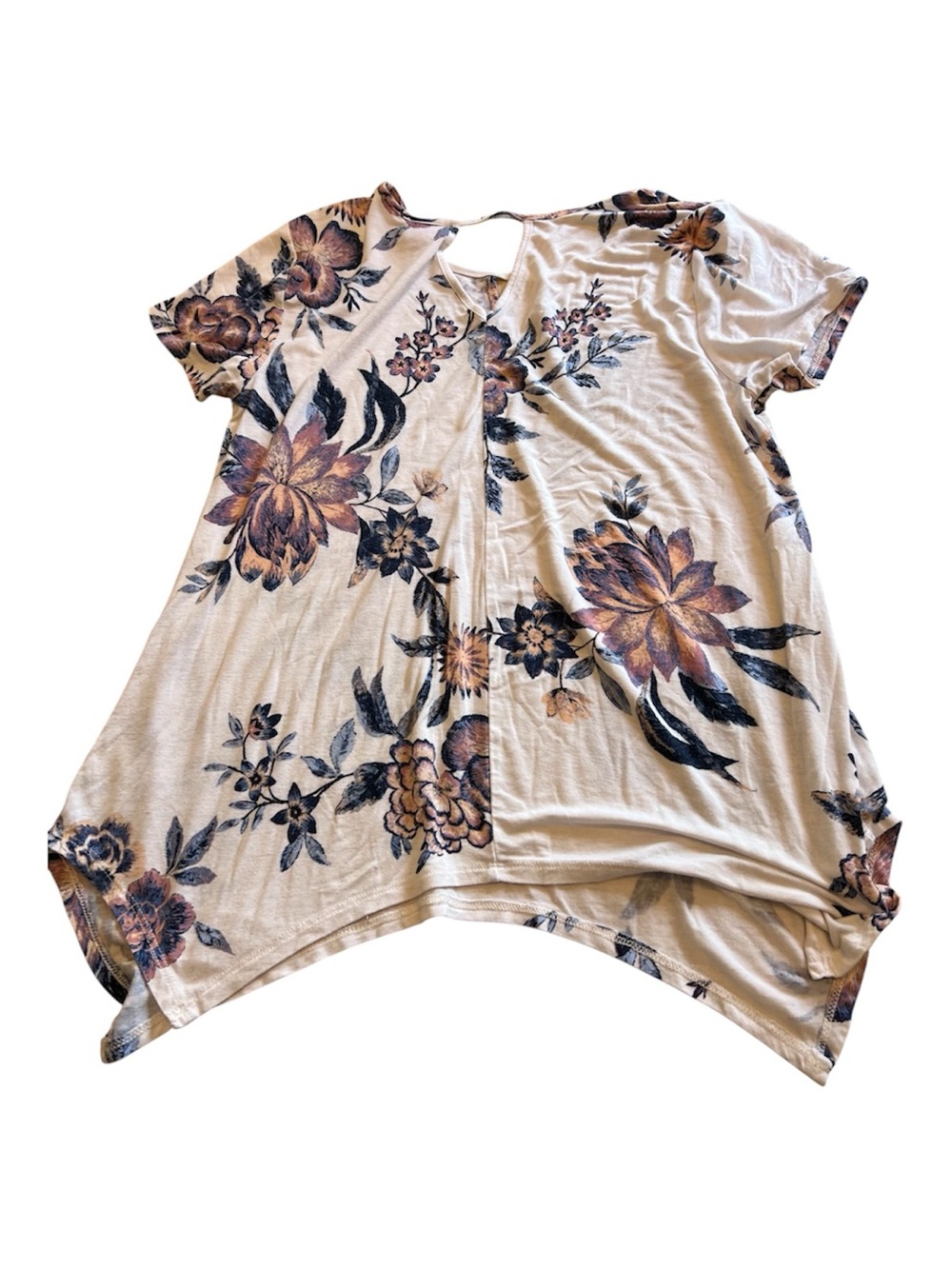 Daytrip Cream Short Sleeve Top with Blue & Brown Floral Print Size Medium - Picture 3 of 5